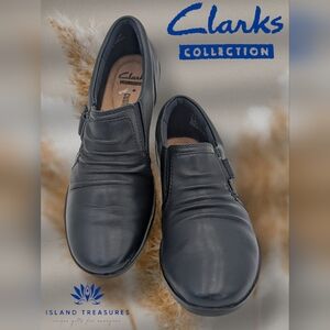 CLARKS Collection Everlay Coda Sz 7.5M Blue Ruched Leather Flat Loafers